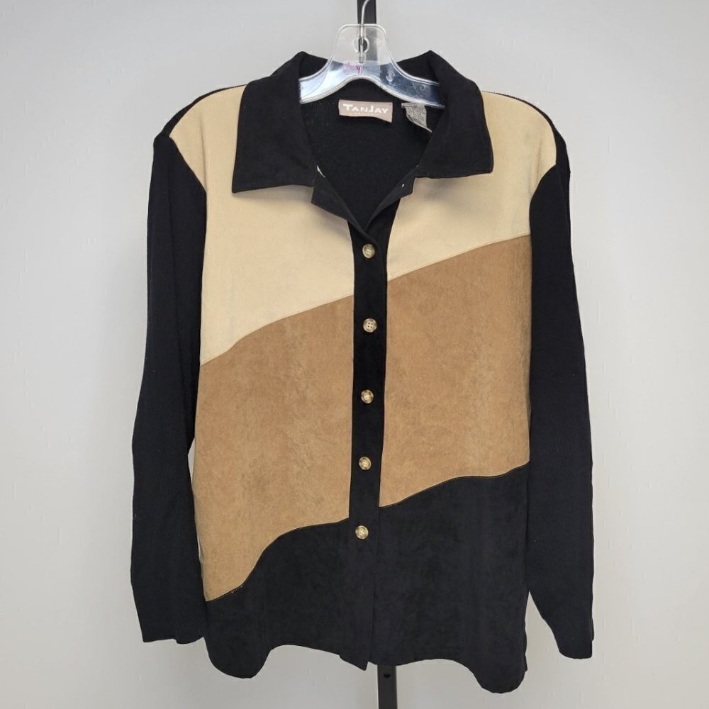 Tanjay Faux Suede Front Ribbed Button Up Western Top  Size M
